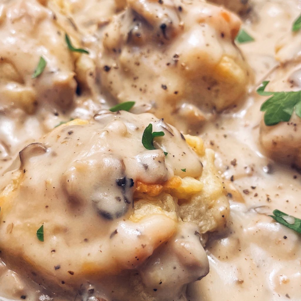 Vegan Oyster Mushroom Biscuits and Gravy - Faraway Kitchen